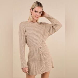 Lulu's // Considerable Charm Beige Boucle Knit Sweater Mini Dress